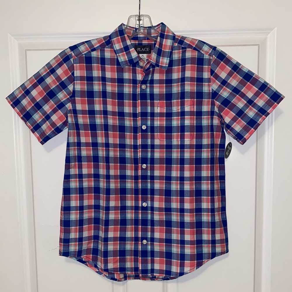 🆕The Children’s Place Boys Button Down Plaid Short Sleeve Shirt - XL (14)